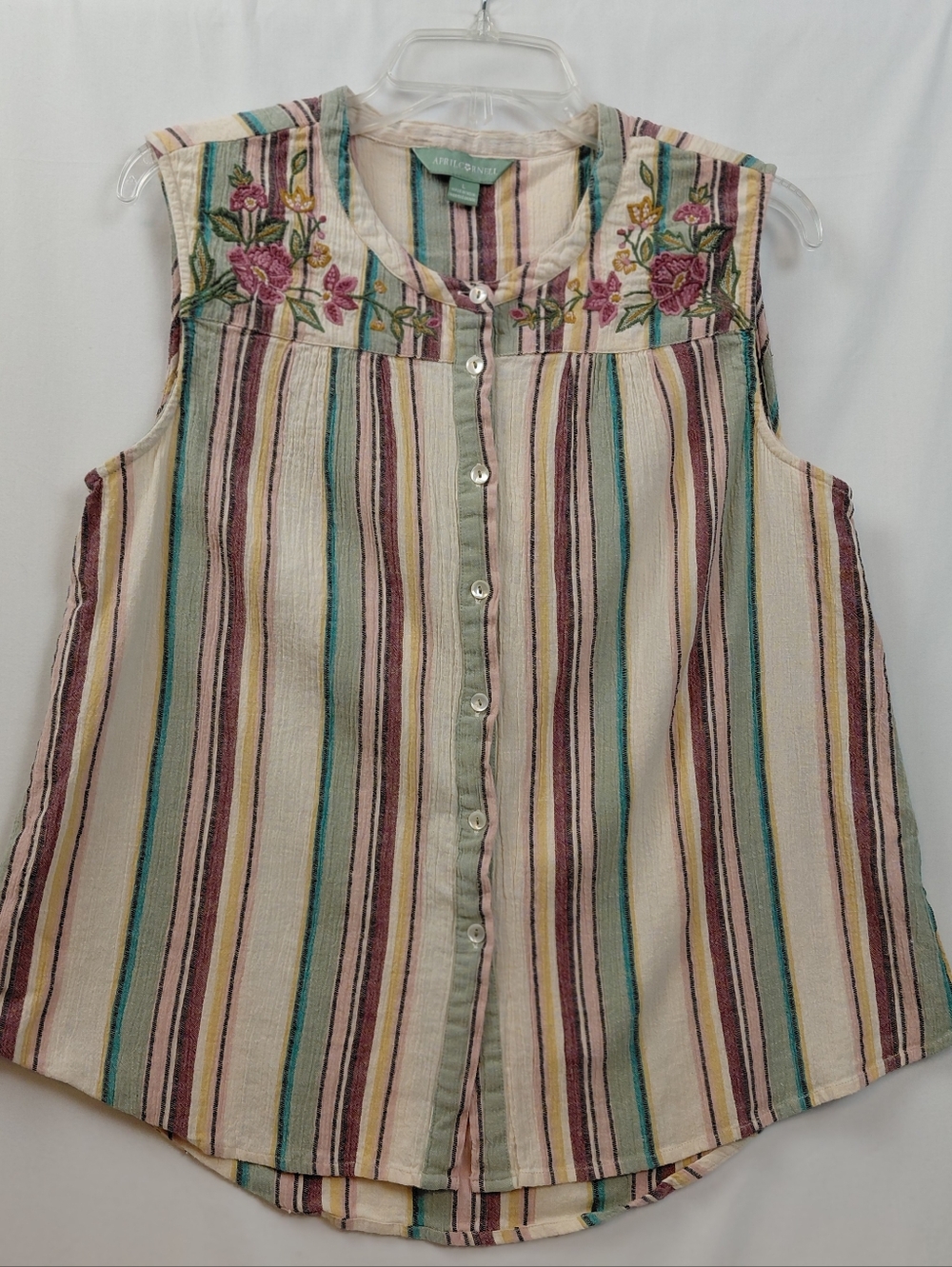 April Cornell Sleeveless Striped Blouse Women's Size Large Embroidered‎ Floral